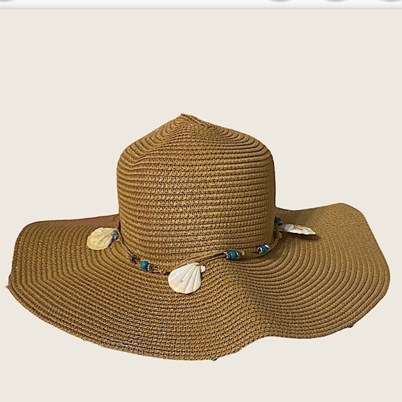 Floppy Wide Brim Straw Seashell Accent Beige Hat - Picture 2 of 3